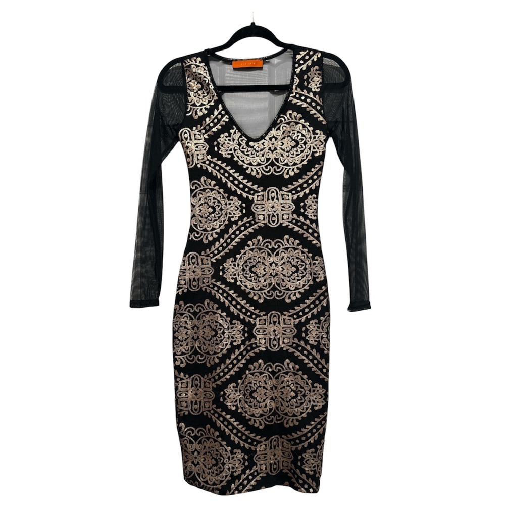Arancia Sequin Damask Dress Womens Small Black Rose Gold Mesh Sleeve